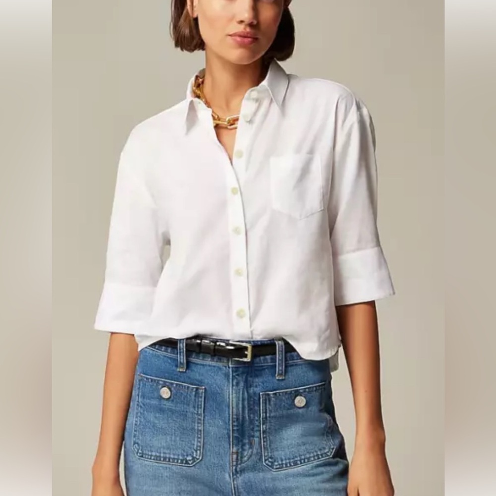 White Herringbone twill button-up shirt
